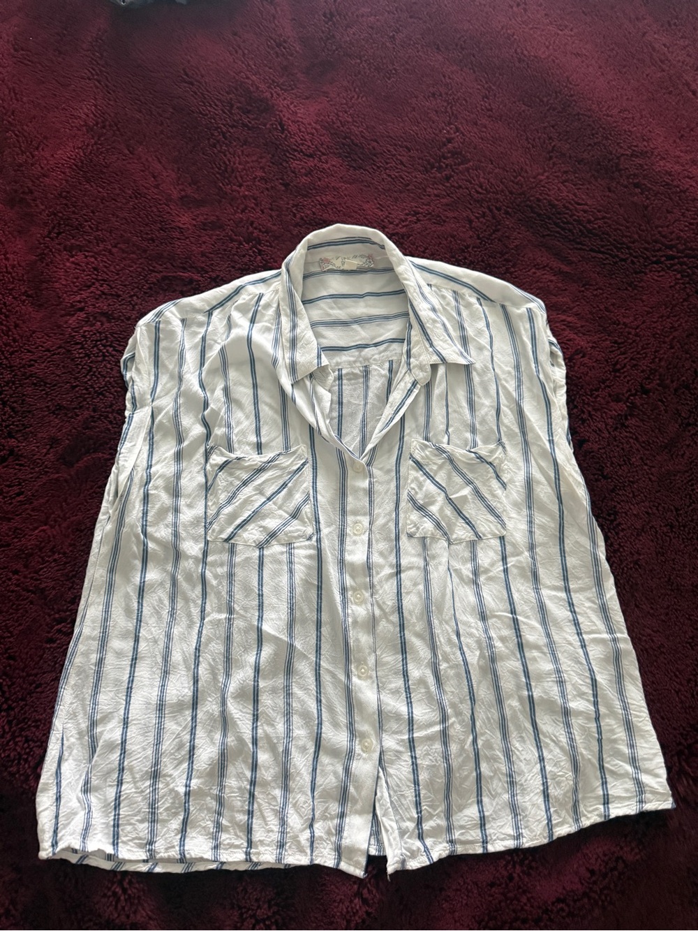 Pink Rose White Button-Down Shirt with Blue Stripes